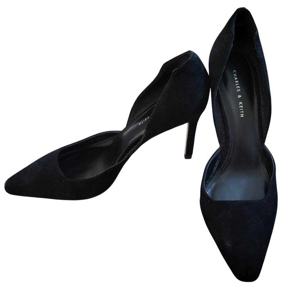 Charles & Keith Black Suede D'Orsay Pointed Toe Stiletto Pumps US 7 EU 37 Luxury